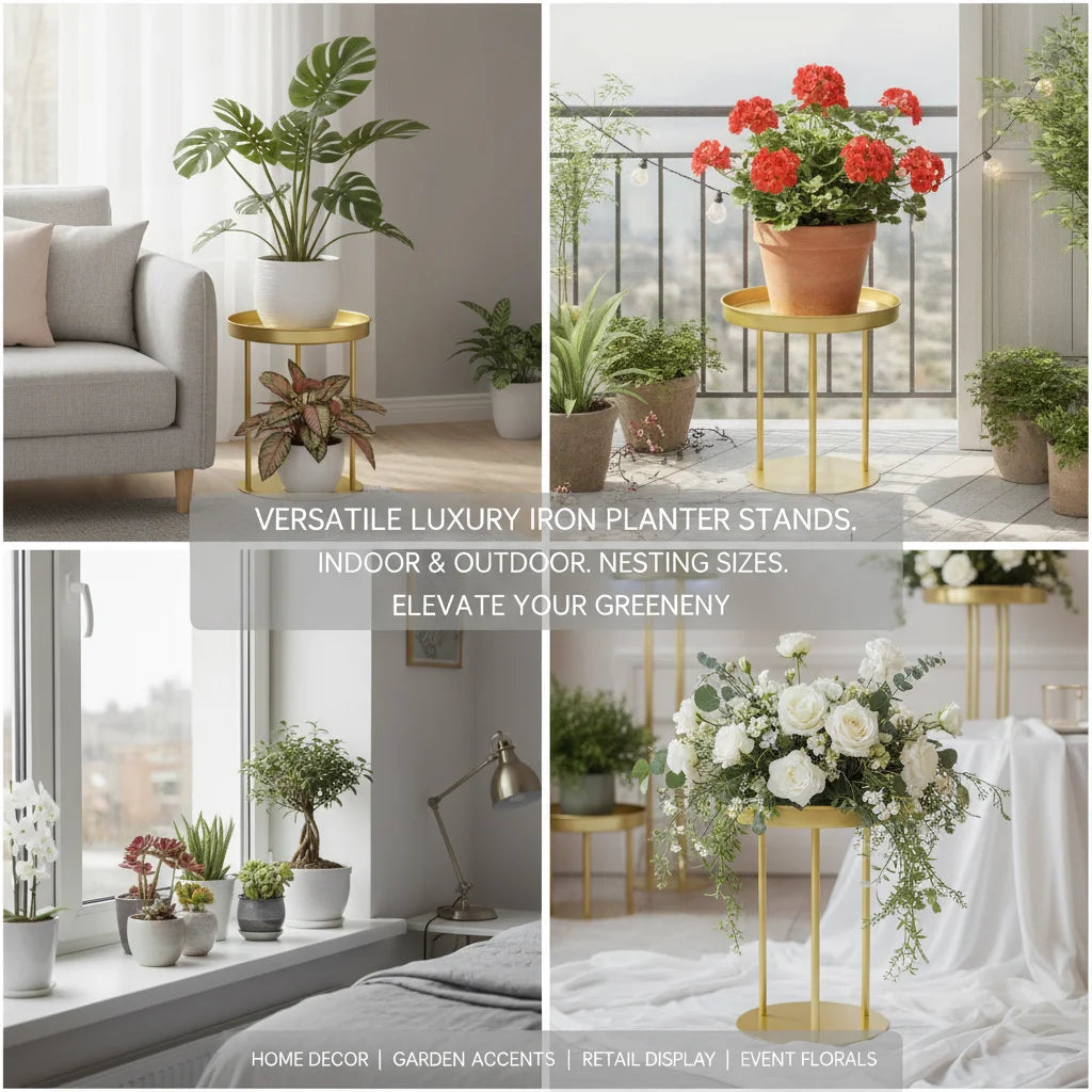 4-Piece Gold Metal Plant Stand Set | Indoor & Outdoor | 2 Sizes Metal Plant Stand Set Vue