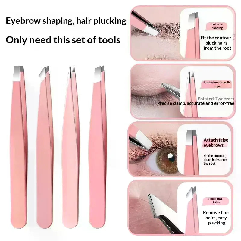 Colorful Stainless Steel 4 Pcs Tweezer Set For Women And Men's Eyebrows & Eyelashes Comes With Storage Bag Vue