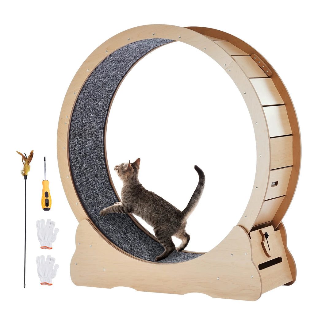 SucceBuy Wooden Cat Exercise Wheel Large Cat Treadmill Wheel for Indoor Cat Running Wheel with Detachable Carpet& Cat Teaser Vue