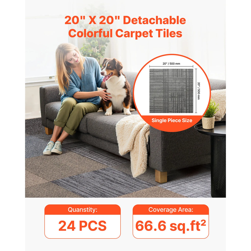 20x20 Inch Carpet Tiles 24 PCS – 66.6 sq ft Indoor Floor Cover Modular Carpet Tiles Vue