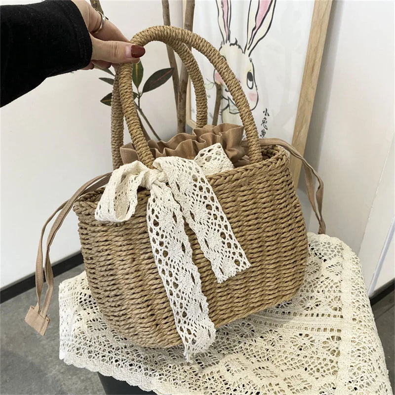 Women Straw Woven Drawstring Handbag Girls Solid Holiday Purse Vue Light Brown