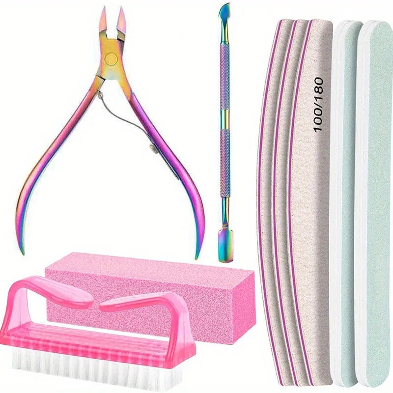 9Pcs/lot Nail Art 100/180 Grit Professional Files Buffer Sponge Block Brush Nail Scissors Kit With Cuticle Nipper Pushers Manicu Vue