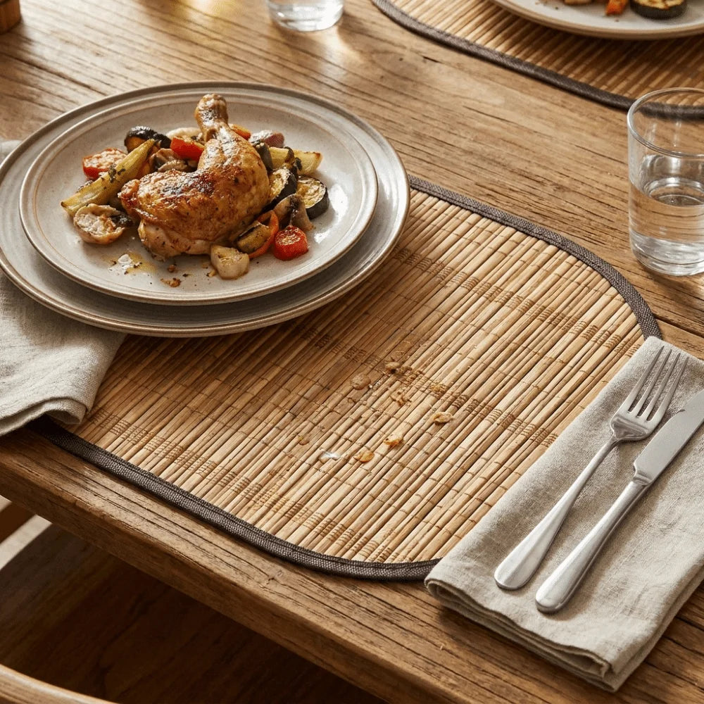 Creative Natural Bamboo Placemats Anti-Slip Edge Binding Woven Oval Placemat Heat-Resistant Rustic Dining Pad Kitchen Vue