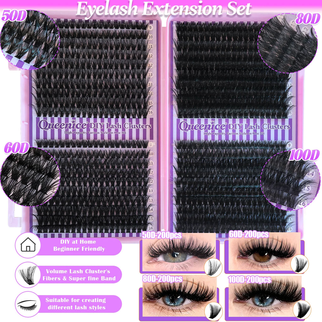 QUEENICE Lashes Cluster DIY Lash Extension Mixed Tray Clusters Eyelashes Fluffy Individual Lashes Cat Eye Lash Extension Vue