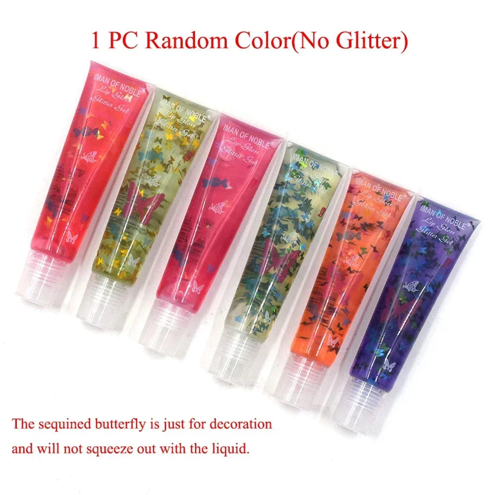 Sequins Lip Oil Jelly Fruit Lip Gloss Plumping Lip Balm Fades Lip-Lines Moisturizer Shiny Natural Plant Anti-Cracking Care Vue 03ButterflyRandom1Pc