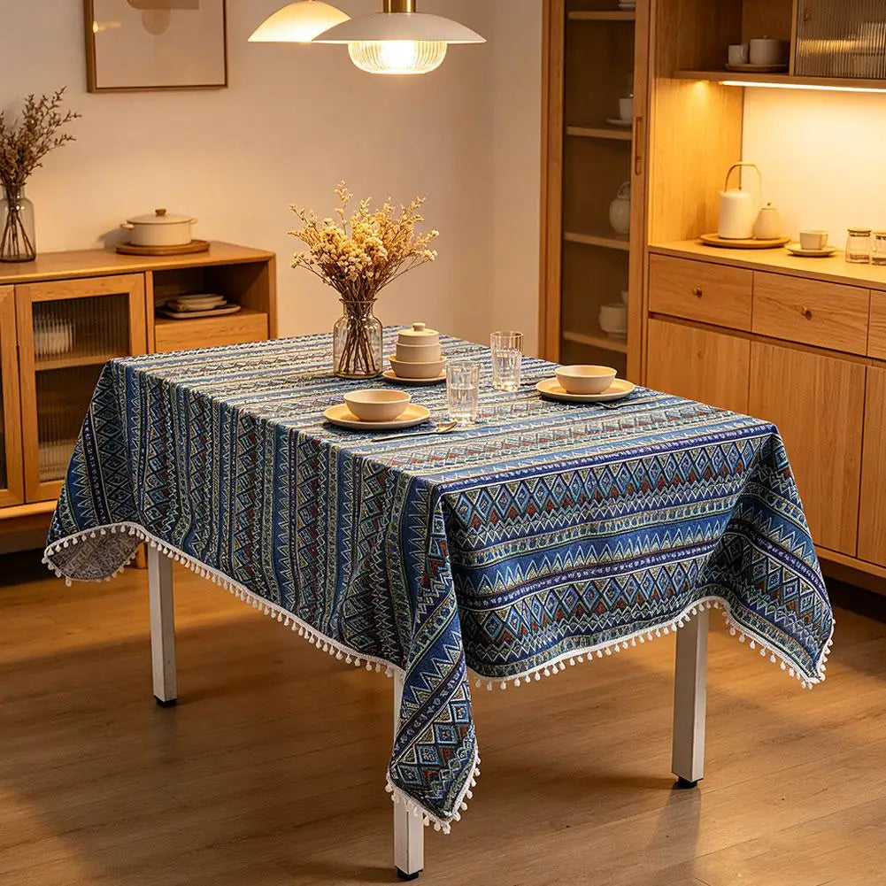 Retro Geometric Tablecloth Polyester Cotton Blend Table Cover Dustproof for Kitchen Dining Room Wedding Party Home Decor Vue