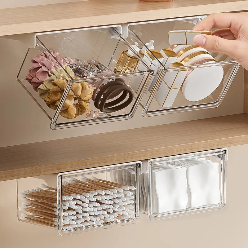 Plastic Drawer Style Storage Box Self Adhesive Large Capacity Makeup Storage Container Transparent Space Saving Vue