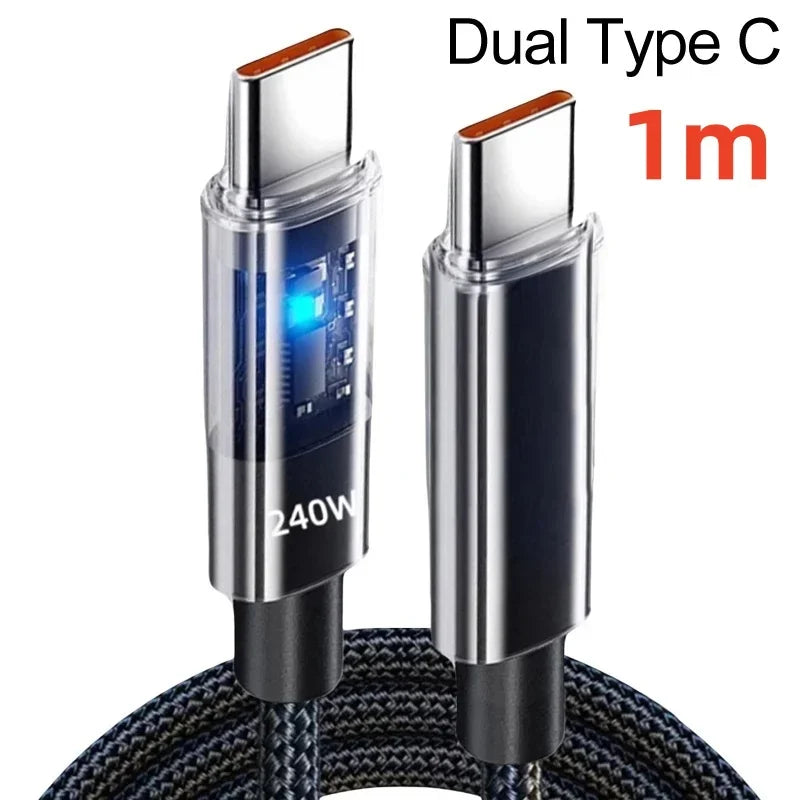 240W Charging Cable Nylon Super Fast USB Type C For Samsung Xiaomi Huawei Honor LED Digital Display USB C Charger Data Cord Vue Dual Type C 1m