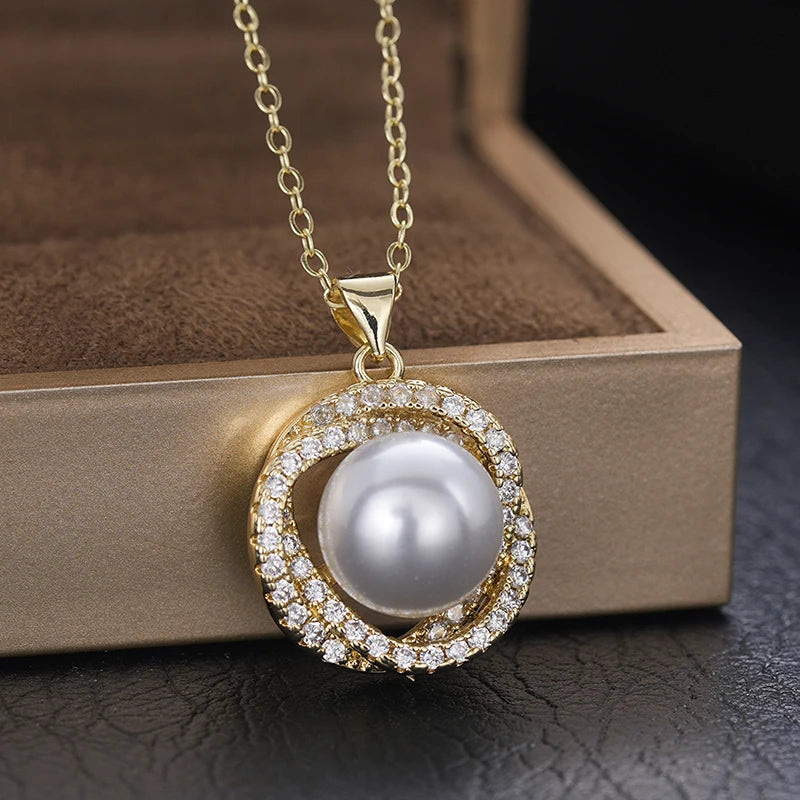 Huitan Gold Knot Pendant Necklace – Pearl & CZ Women's Jewelry Pendant Necklace Vue