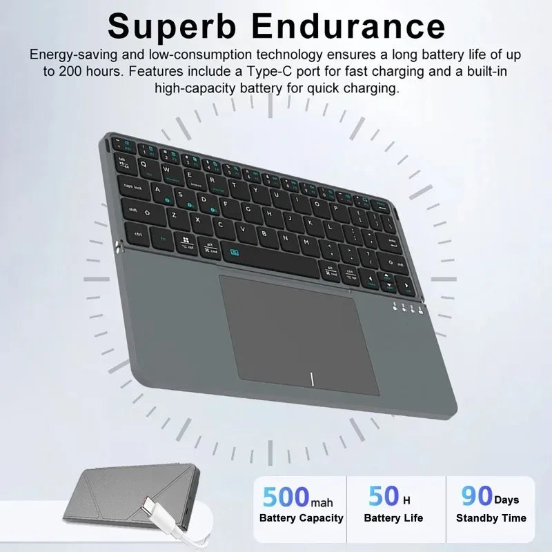 Bluetooth 5.0 Folding Keyboard With Touchpad Stand Rechargeable Wireless Keyboard for Andriod IOS Windows Slient Click Vue