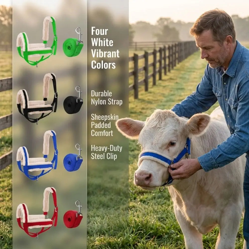 Plush Nylon Cow Halter Adjustable Fleece-lined Halter Lead Rope Set Durable Comfortable Animal Training Harness Daily Handling Vue
