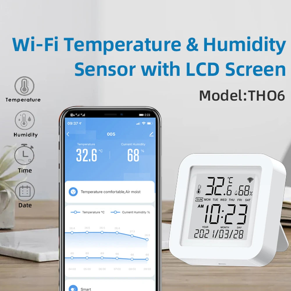 Tuya WiFi LCD Display Screen USB Power Supplys Intellgient Sensors ℉/℃ Switch Time/Date/Temperature/Humidity Display Home Vue