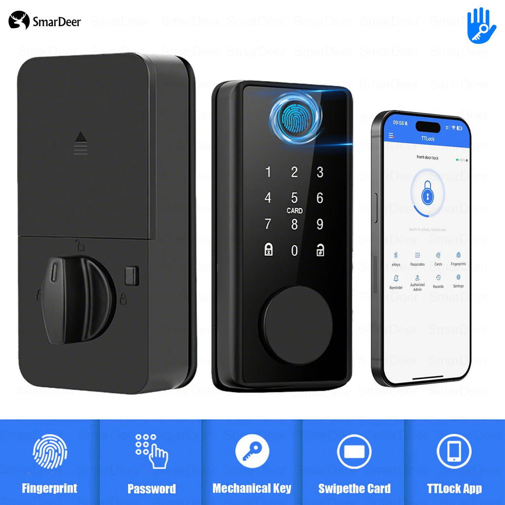 SmarDeer Electronic Lock for TTLock Smart Lock App Remote Control Keyless Entry Door Lock Fingerprint Digital Deadbolt Vue