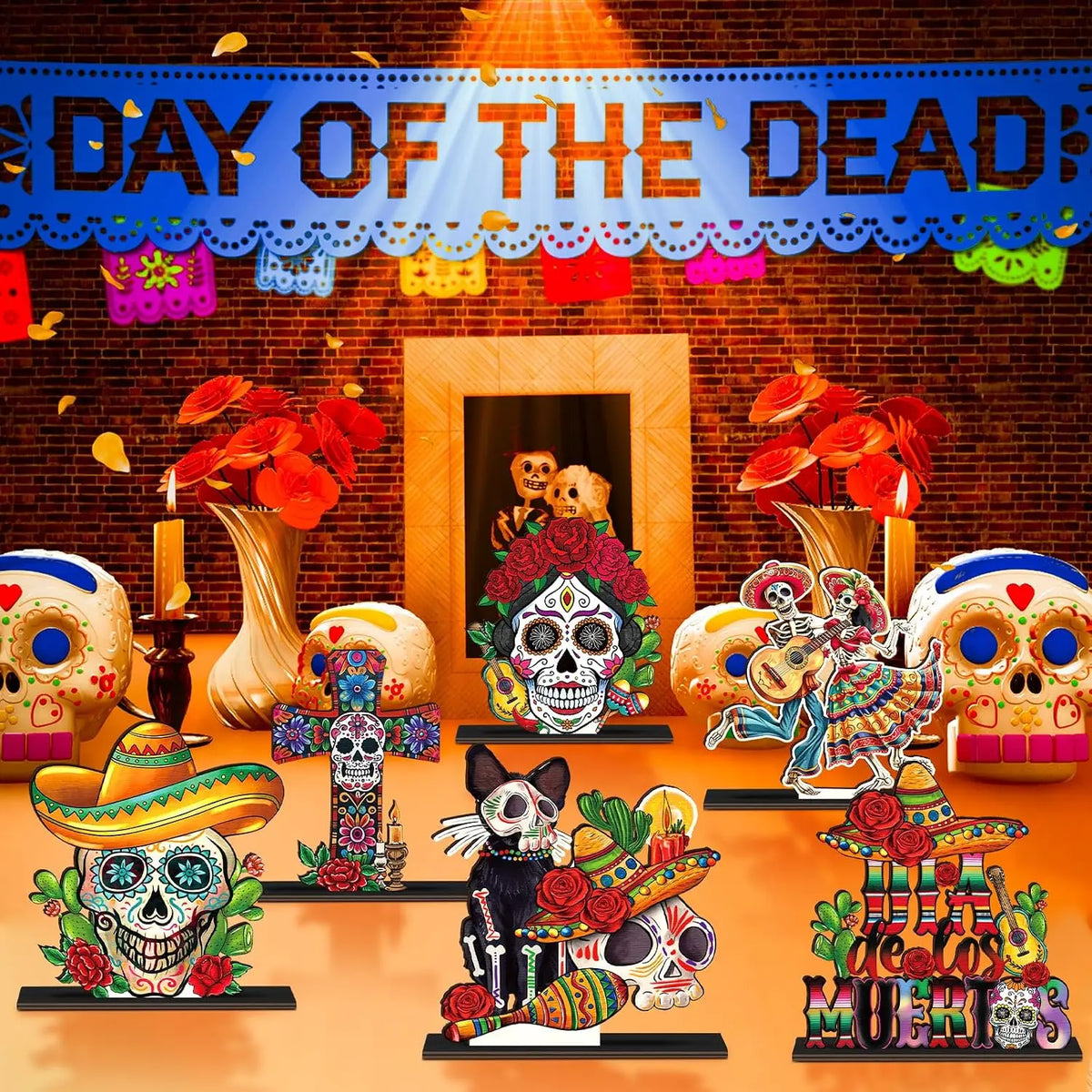 1-10PCS Day of The Dead Wooden Skull Display Tray for Mexican Carnival Halloween Party Fiesta Table Centerpiece Home Decor Vue
