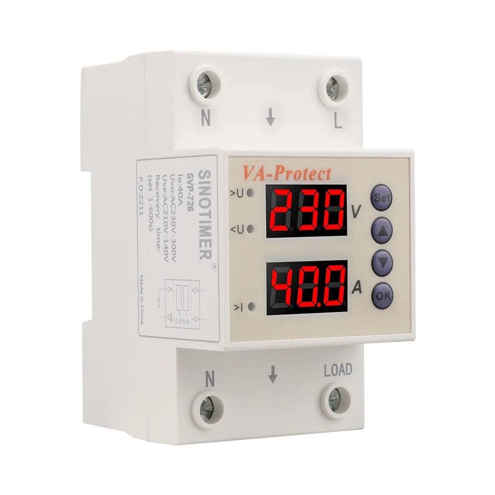 SVP726 40A 63A 220V Large Screen Digital Display Adjustable Self Resetting Overvoltage/Undervoltage Current Limiting Protector Vue 40A