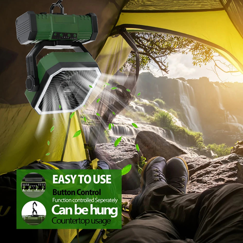 Portable Outdoor Camping Fan With Bluetooth Speaker And LED Lighting 10000mAh Large Capacity Battery Suitable For Outdoor Campin Vue