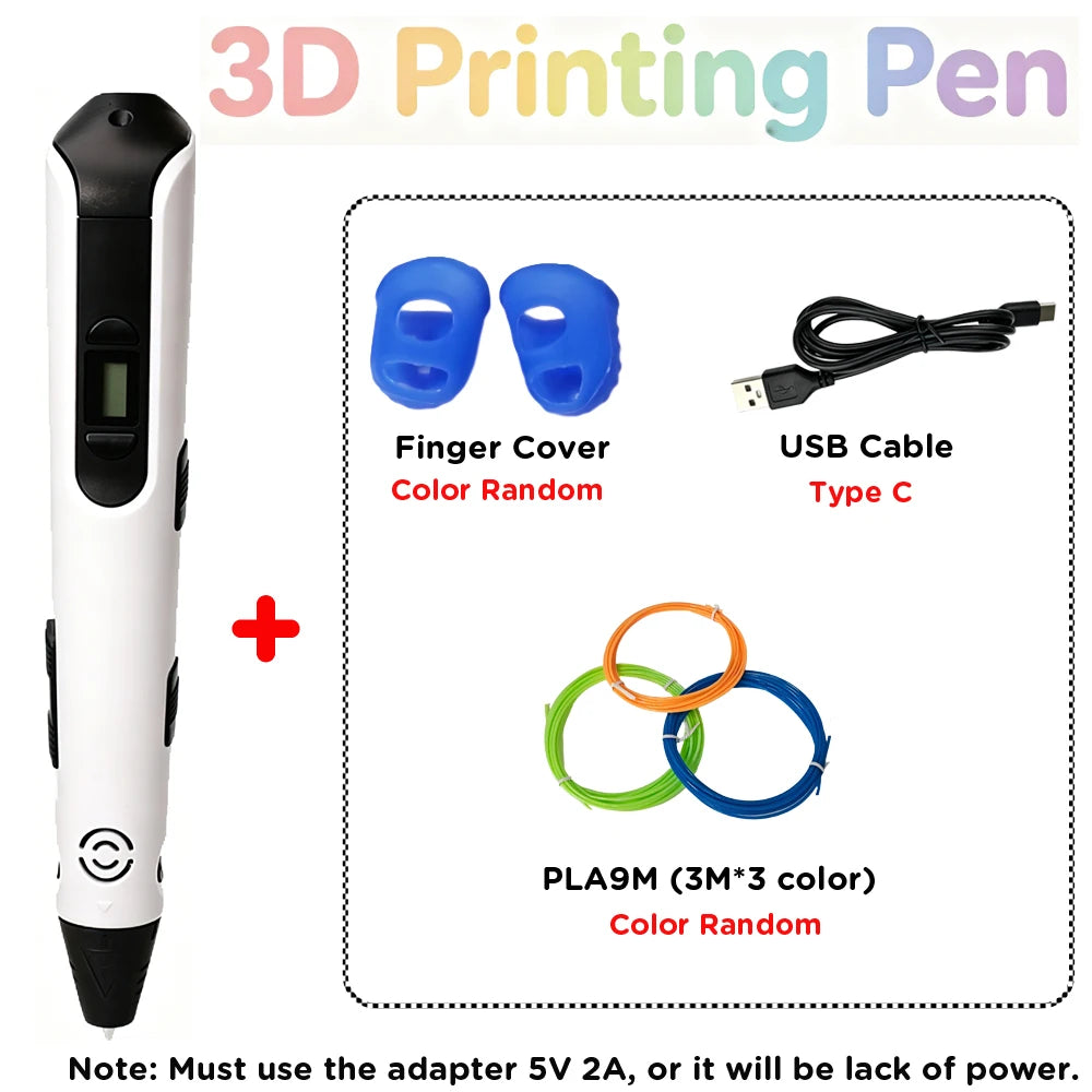 3D Printing Pen Kids with LED Display Creative DIY Drawing Pen Non-Toxic PLA Filament Art Craft Pen for Children Boys Girls Gift Vue White with 9M PLA Filagment