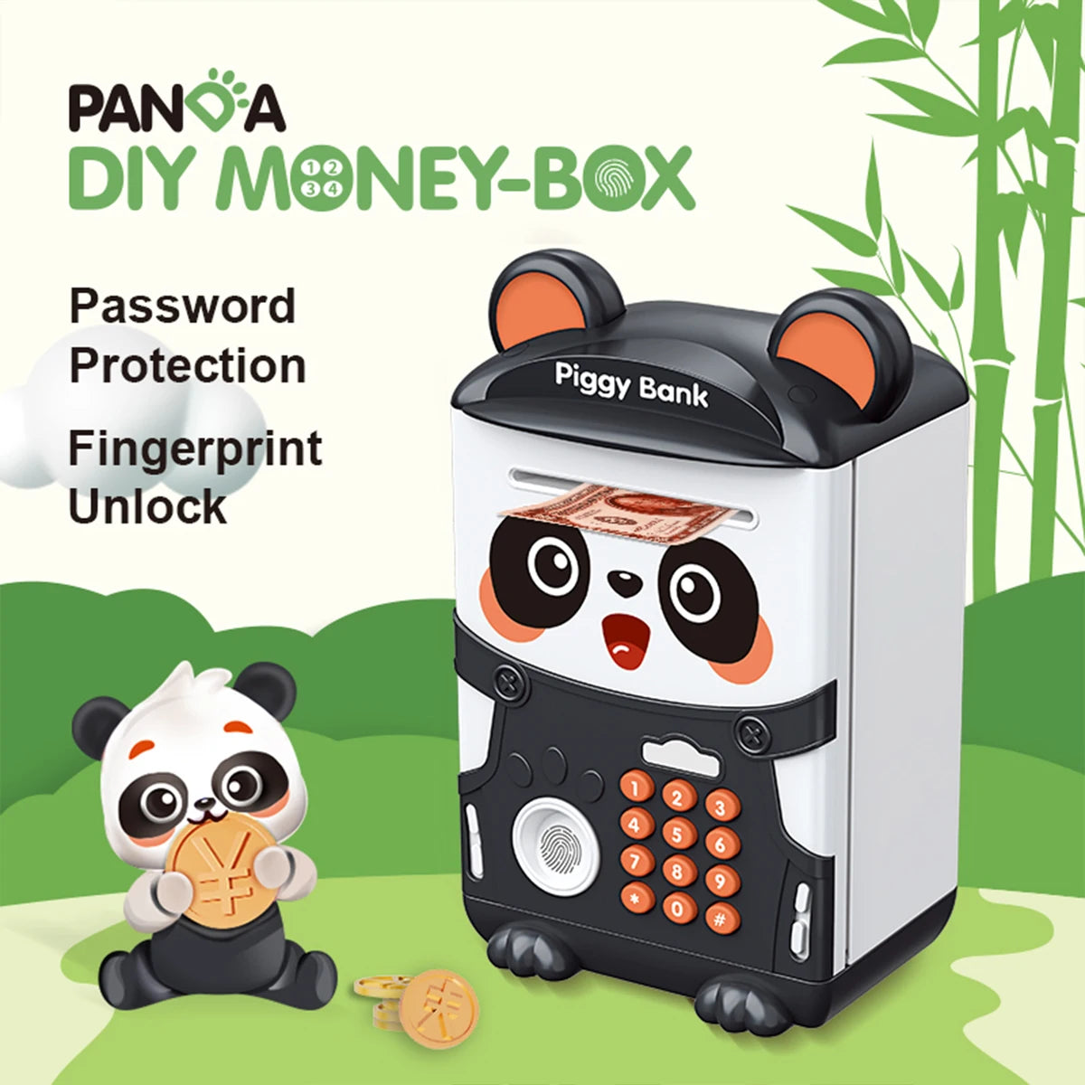 Panda Piggy Bank, Fingerprint Password Unlocking Automatic Induction Roll Simulation Creativity ATM Toys for 3+ Boys and Girls Vue
