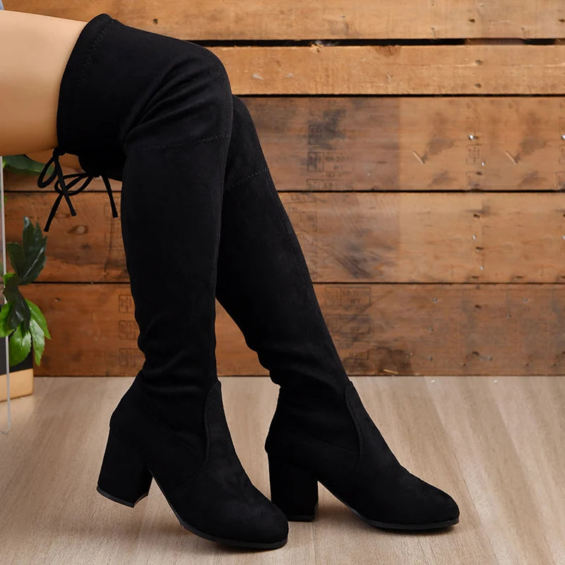 Women's Thigh High Lace-Up Platform Stretch Boots | Block Heel Thigh High Boots Vue black 42 China Mainland