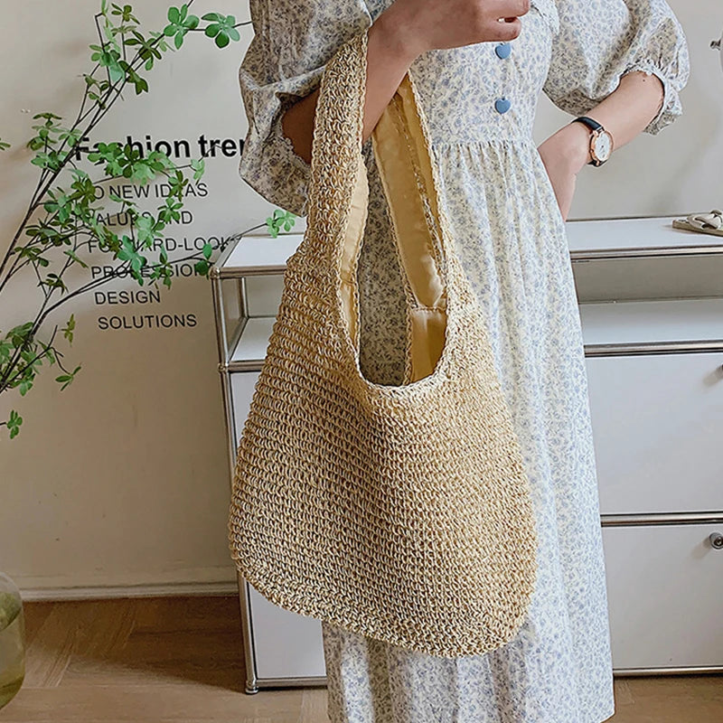 Women Large Capacity Shoulder Bags Handmade Straw Woven Fashion