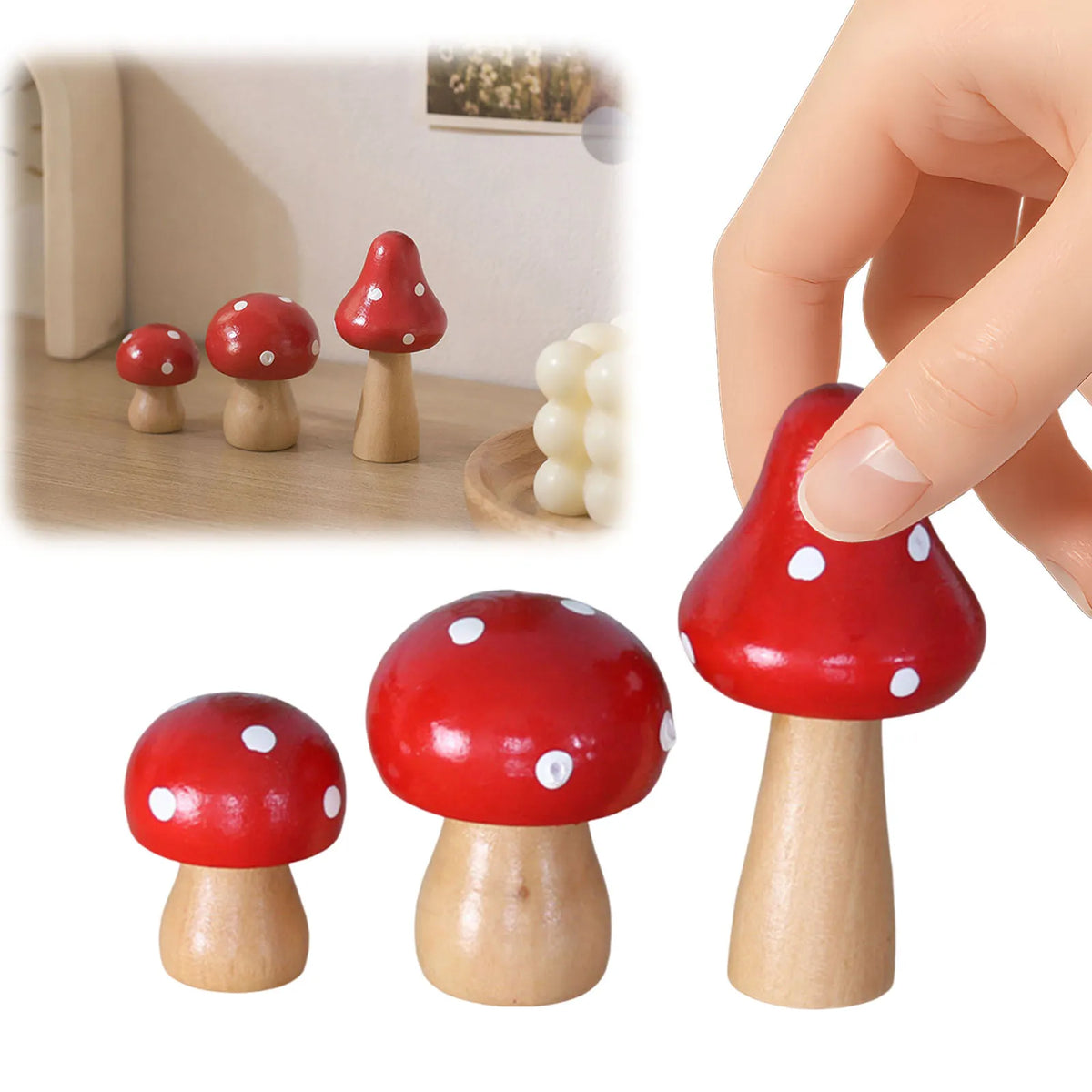 3Pcs Mini Wooden Mushrooms Gadgets Multi Purpose Micro Landscape Decoration Supplies Reusable for Home&Office Decoration Vue