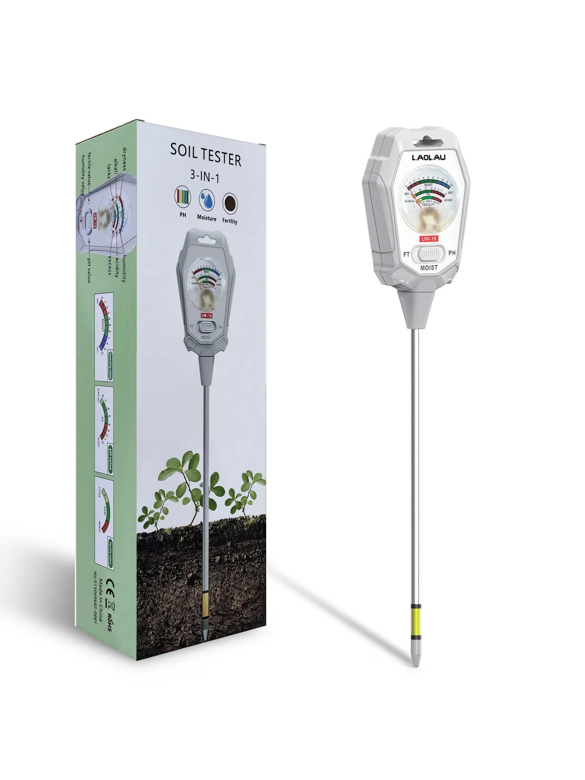 3 in 1 PH Meter Soil Moisture Meter Sensor Fertility Test Tool For Indoor/Outdoor Gardening Plant Moisture/Fertility/PH Testing Vue Silver