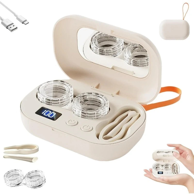 Portable Rechargeable Ultrasonic Contact Lens Cleaner Case Compact Deep Cleaning Device Machine for Travel Office Vue Beige