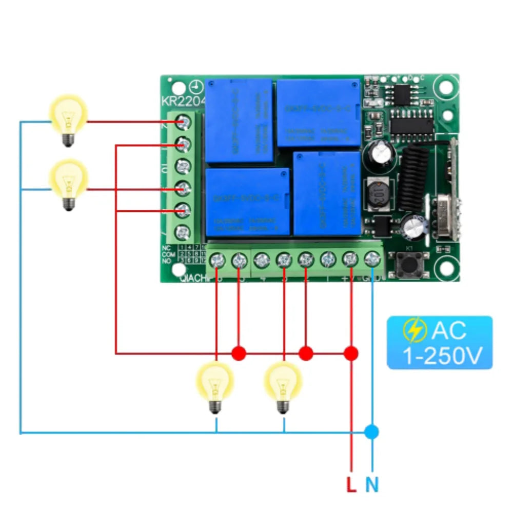 AC90-220V 433MHZ 4 Way Relay Module Wireless Controller Receiver Supports Jog Self-Locking Interlocking Mode for Gate Door LED Vue Module