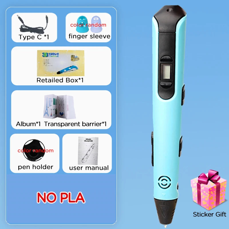 New 3D Printing Pen LCD Display Screen 1.75mm ABS / PLA Filament Kids DIY Drawing Pen Boy and Girls Christmas Birthday Gifts Vue Blue No PLA