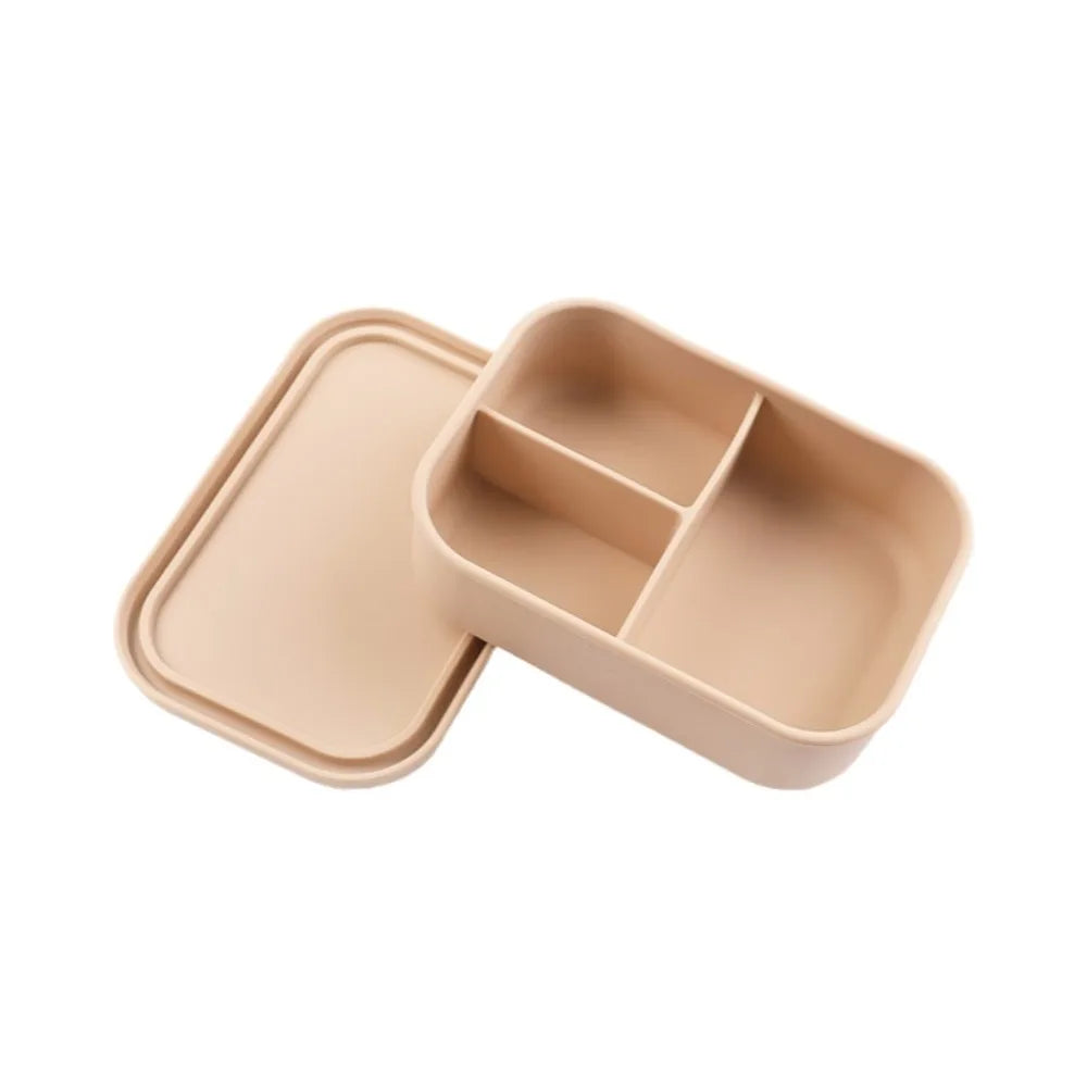 3 Compartments Silicone Lunch Box Rectangular Heat Resistant Food Container Microwavable Lunch Container School Vue Beige-700ML-