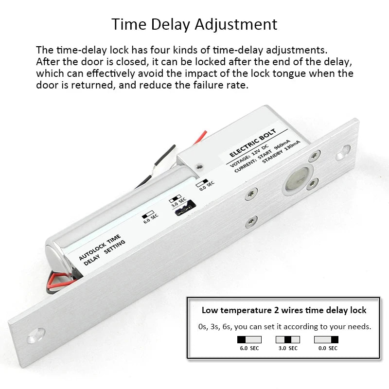 DC12V Fail Safe Electric Bolt Lock Low Temperature Drop Electronic Mortise Door Locks with Time Delay for Access Control System Vue