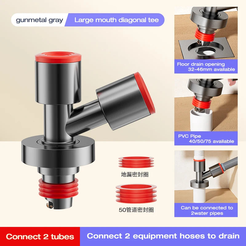 Washing Machine Downpipe Three-way Water Distributor Drainage Channel Anti-odor and Anti-overflow Special Floor Drain Connector Vue Dark Grey