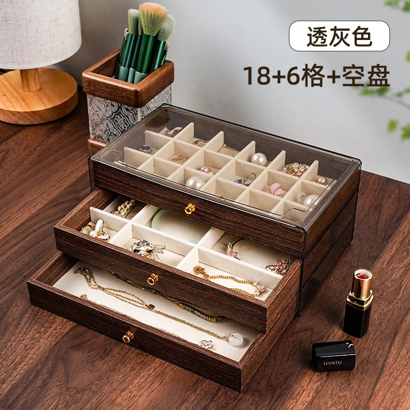 Multi-layer Wooden Jewelry Box Transparent Window Rings Necklace Jewelry Storage Case Organizer Bracelet Earrings Vue Set 2