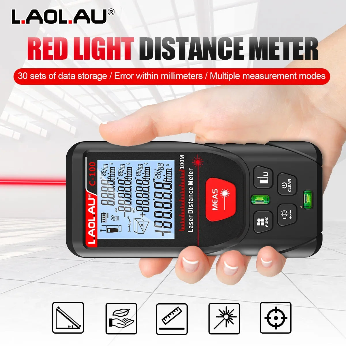 LAOLAU Digital Laser Range Finder RED/Green Laser Beam Meter High Precision Measuring Tools Backlit Screen IP54 Waterproof Vue