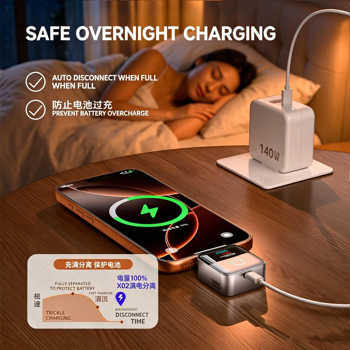 Type-C 140W Physical-Disconnect Battery Guard Anti-Overcharge Protection for Safe Overnight Charging Smart Auto Stop Charging Vue