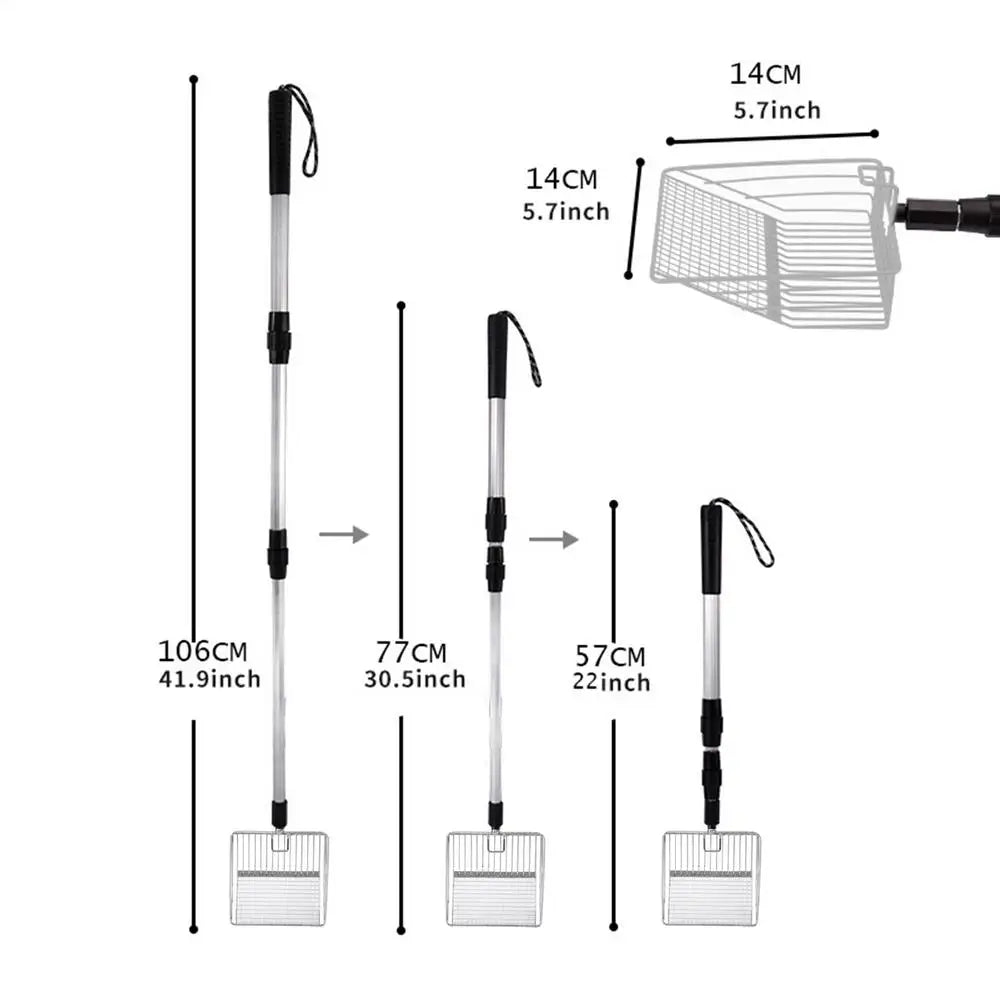 Metal Cat Litter Scoop Retractable Handle Cat Poop Spoon Multiplehole spacing Spoon Chicken Coop Rake Shovel for Separating Poop Vue Silver
