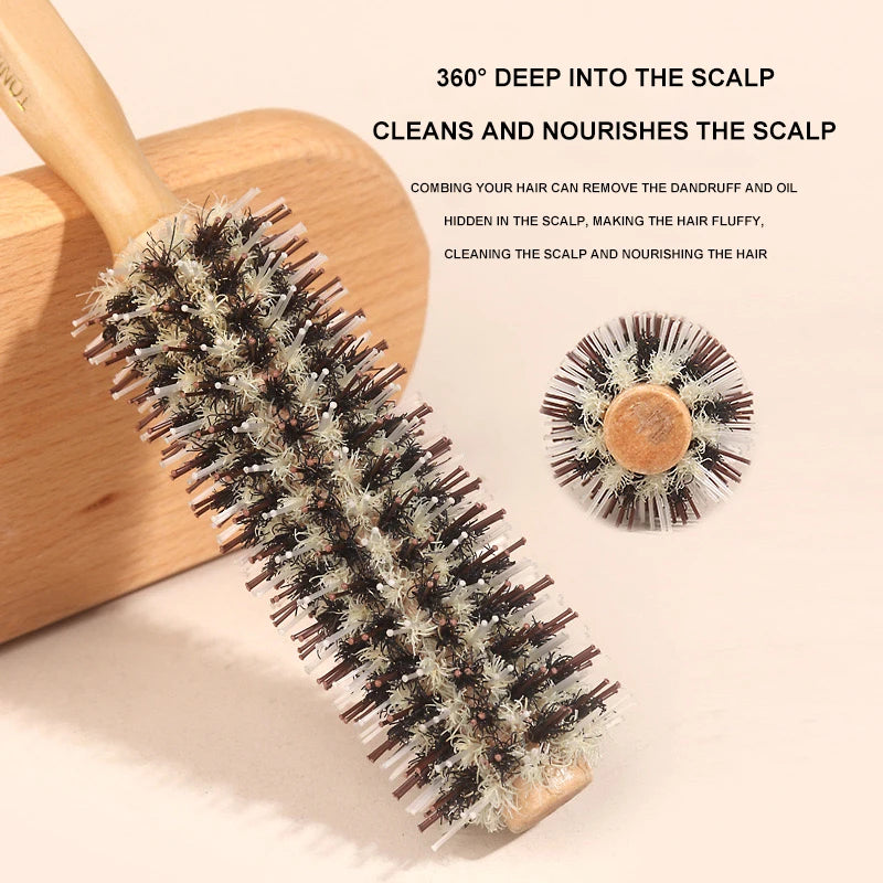 Wood Handle Round Rolling Brush Straight Twill Hair Comb Boar Bristle Round Barrel Hair Curling Brush Hairdressing Tool Vue