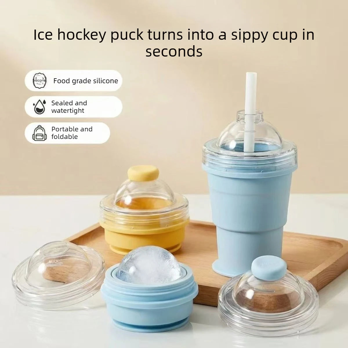 Portable Foldable Ice Ball Cup with Straw Food Grade Silicone Ice Mold for Whiskey Cocktails Reusable Summer Travel Water Bottle Vue
