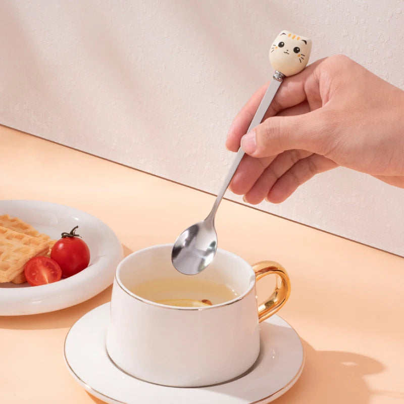 Coffee And Dessert Spoons Flatware Kitchen Tools Ice Cream Cartoon Stirring Spoon Stainless Steel Long Cat Handle Ceramic Spoon Vue