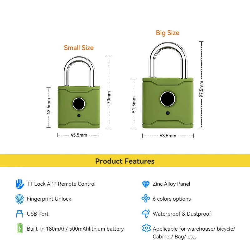 Waterproof Travel Portable Security TTlock App Keyless Biometric Padlock With Fingerprint Reader Vue