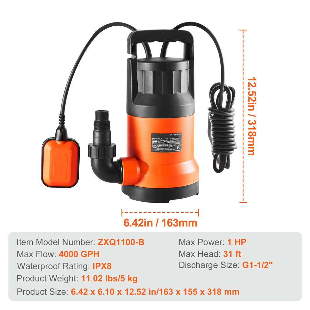SucceBuy 1HP Submersible Utility Pump 4000GPH 31ft Head Submersible Utility Pump Vue 700W 4000 GPH United States