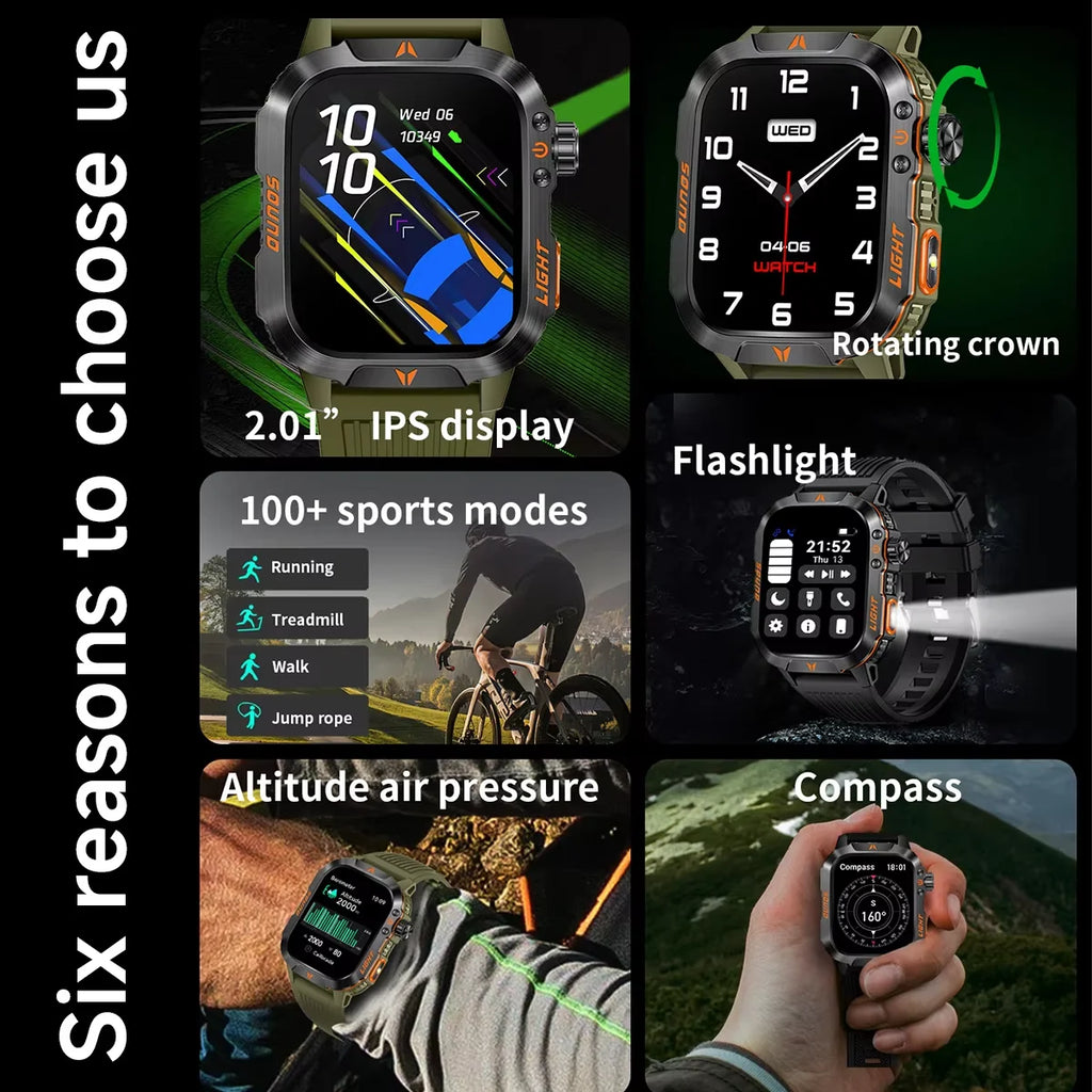 Smart Watch 2026 2.01 Screen Outdoor Flashlight Compass IP68 Waterproof Wireless Calling 600mAh 100+Sport Mode for Men Women Vue