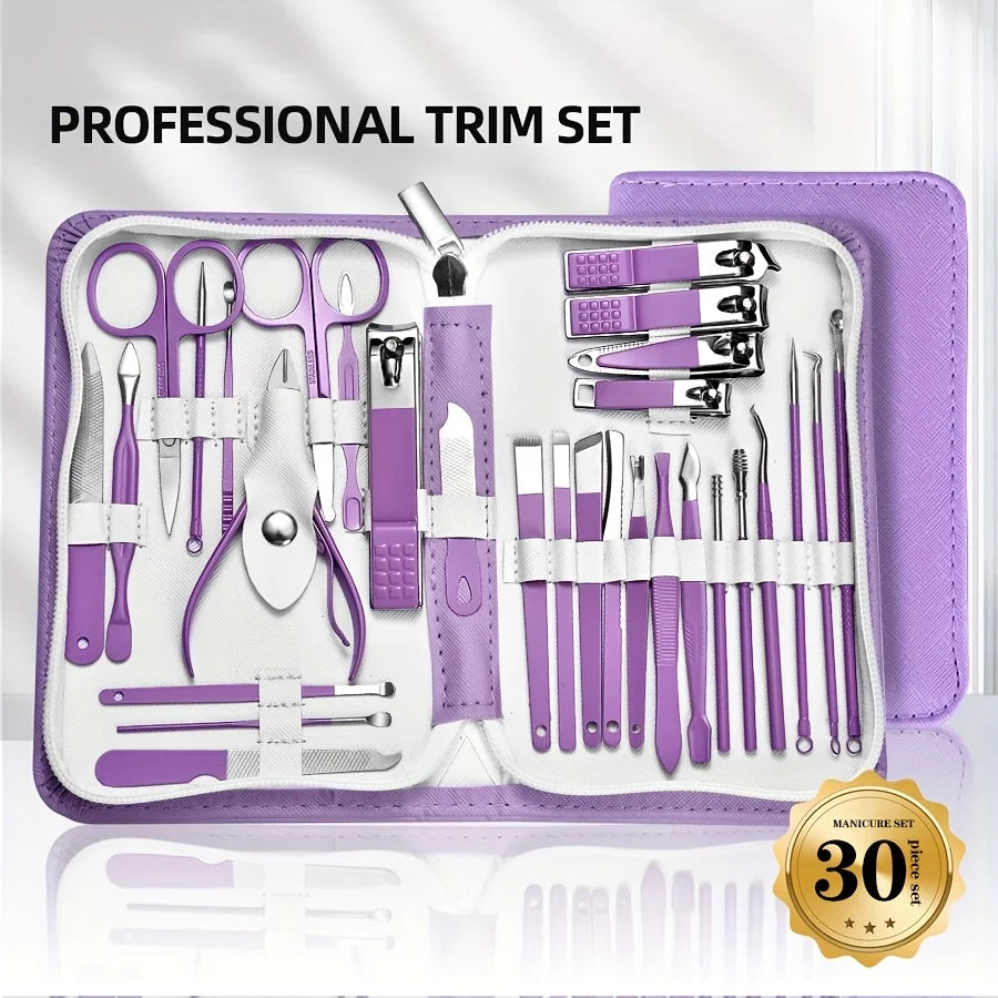 9/18/24/30 PCS Stainless Steel Manicure Set in Dazzling Purple & Blue - Modern Style Nail Clippers with Convex Blade, Non-Scente Vue