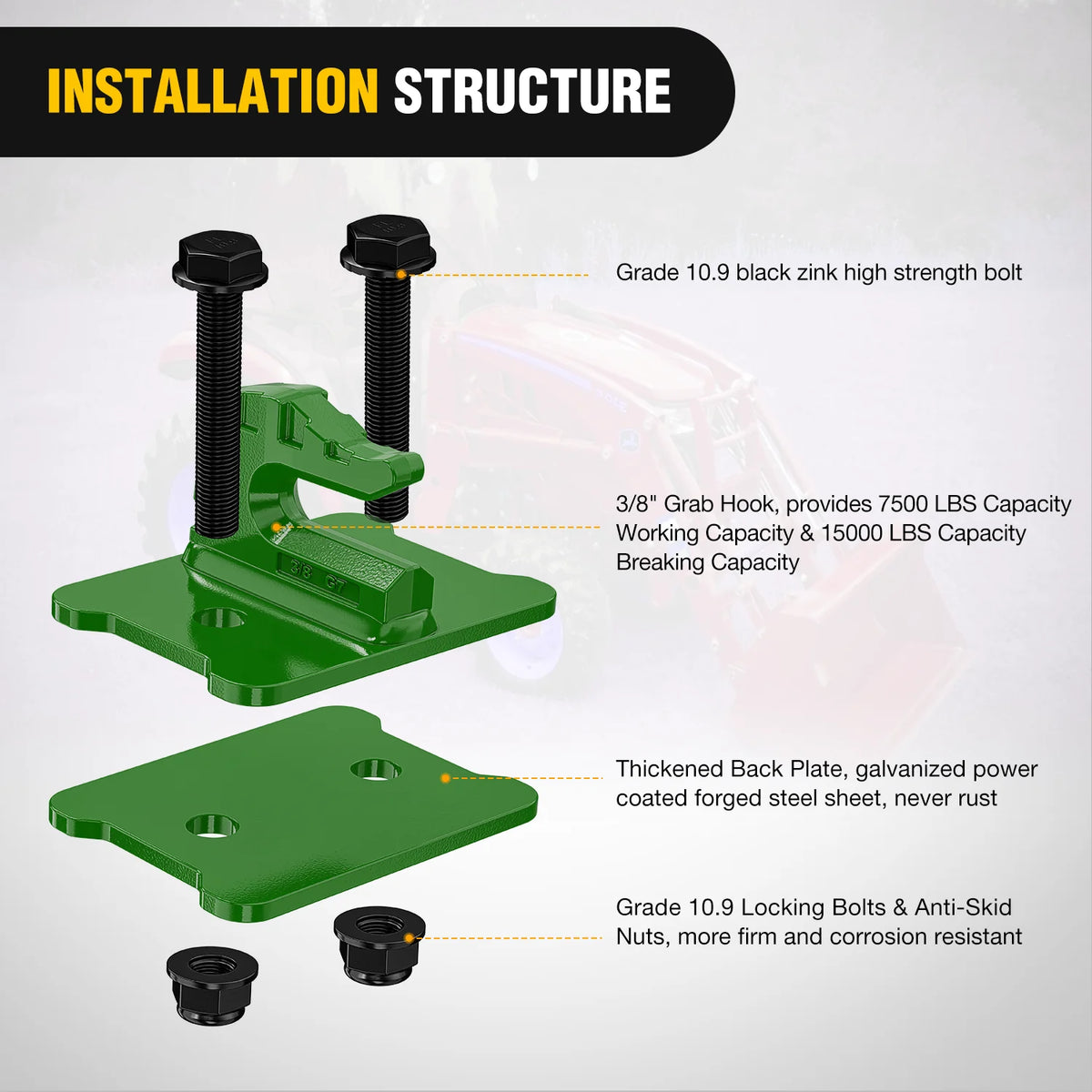 Nilight 2PCS Tractor Bucket Grab Hook 3/8'' Heavy Duty Drop Forged Steel Bolt On Zinc-Coated Cast Tow Max 15000 LBS Green Vue