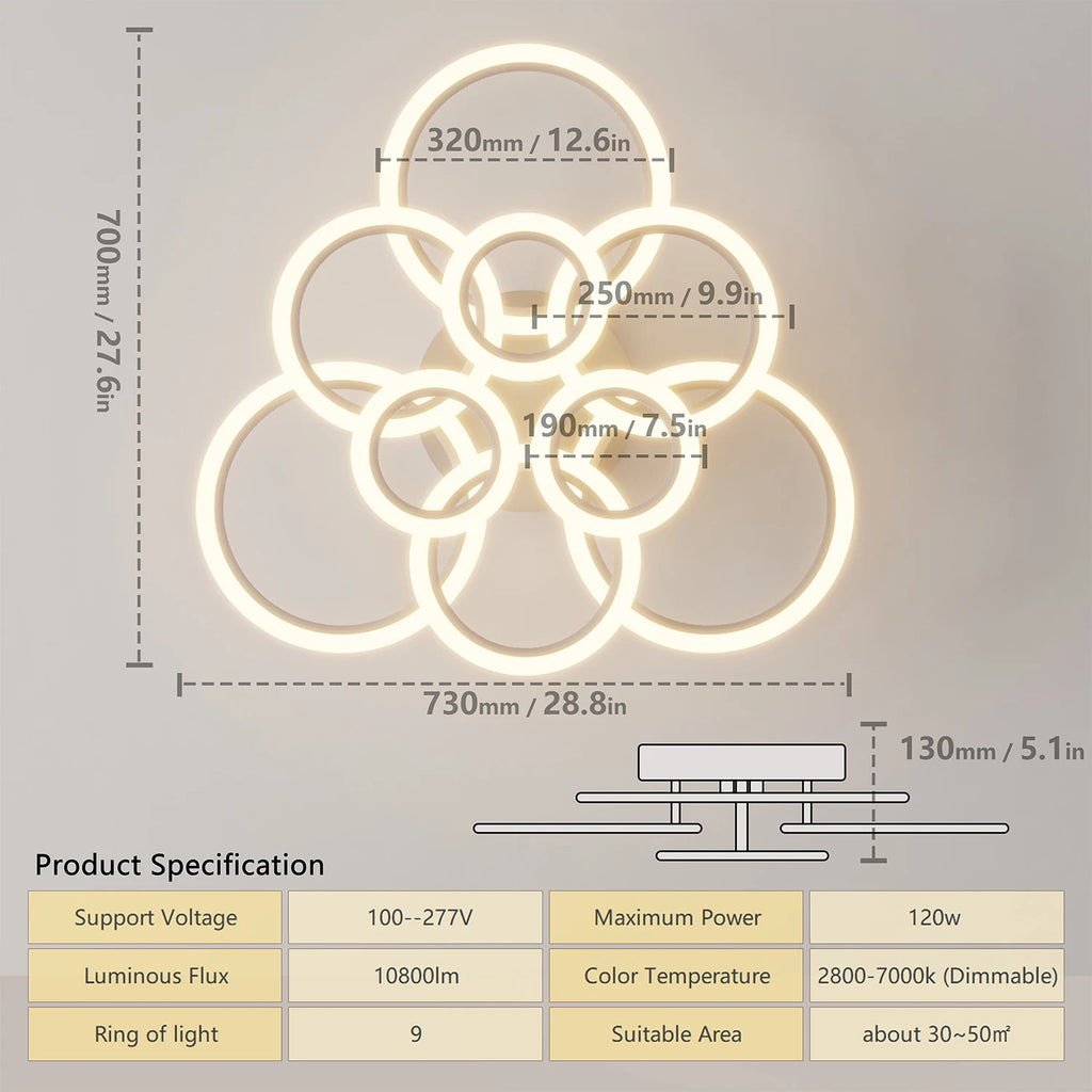 Modern LED Chandelier 4-9Rings Home Remote Control Dimming Led Ceiling Lights for Living Room Bedroom Kitchen Decoration Fixture Vue 9RHD-Remote