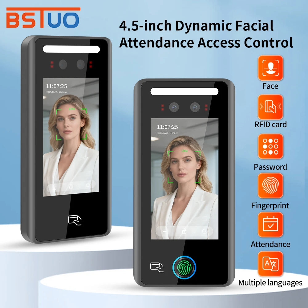 4.5-in Biometric Fingerprint Access Control AI Dynamic Face Attendance System RIFD Card/Face/Password/Fingerprint Unlock Methods Vue