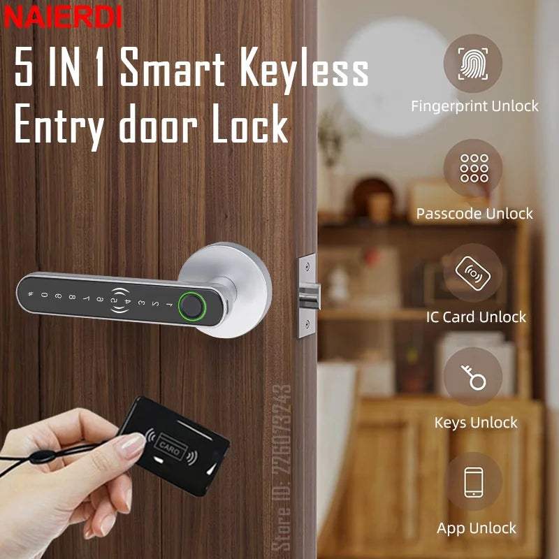 NAIERDI Fingerprint Door Lock with Handle Smart Lock Bluetooth Keyless Password Entry Door Lock with Tuya APP Digital Lock Vue