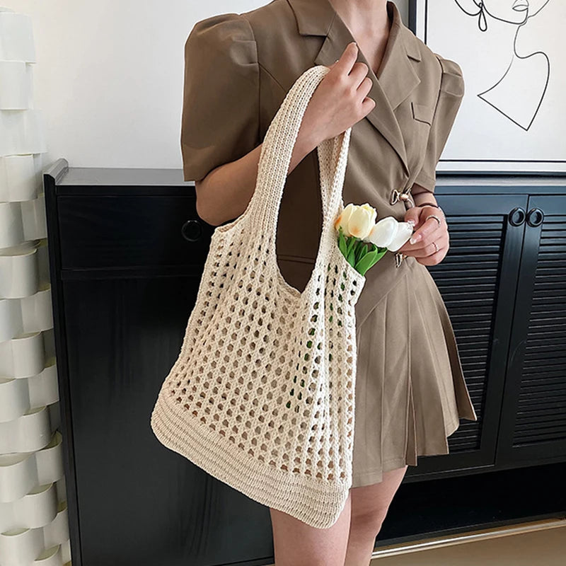 Vintage Hollow Design Woven Women Shoulder Bag Knitting Large Vue