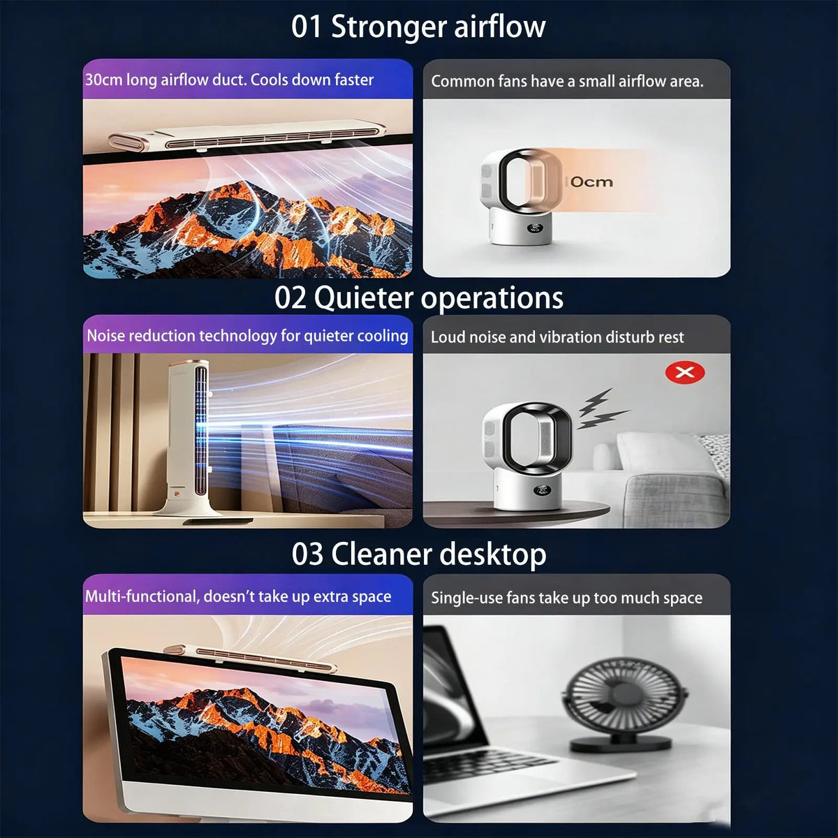 Portable Bladeless USB Rechargeable Mini Fan, 3-Speed Silent Personal Desktop Air Cooler for Office Home Car Camping Outdoor Vue