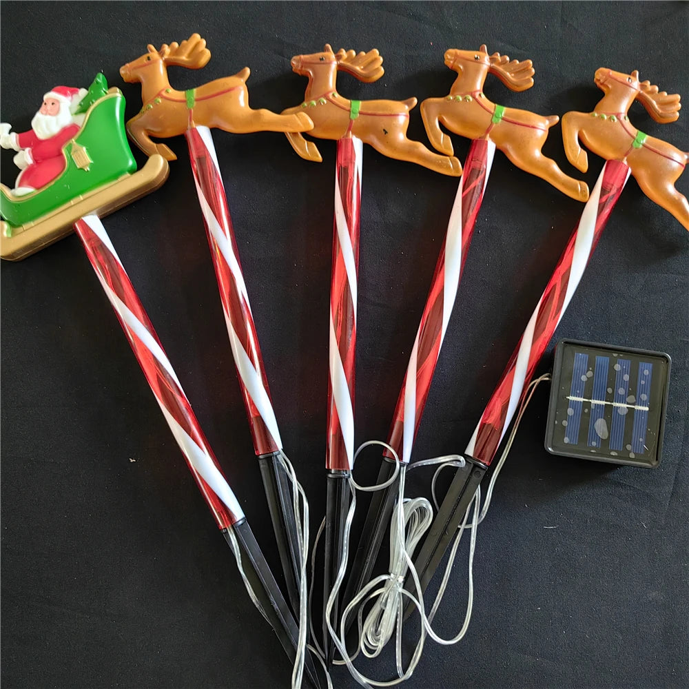 5pcs Solar-Powered Christmas Santa Sleigh and Reindeer Lawn Stake Decoration Set Oudoor Festive LED Lights Garden Decor 800 Vue Warm White 5pcs in one